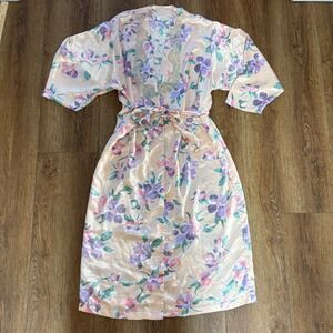VTG Victorias Secret Gold Label Floral Satin Robe Lace Light Pink Romantic sz M